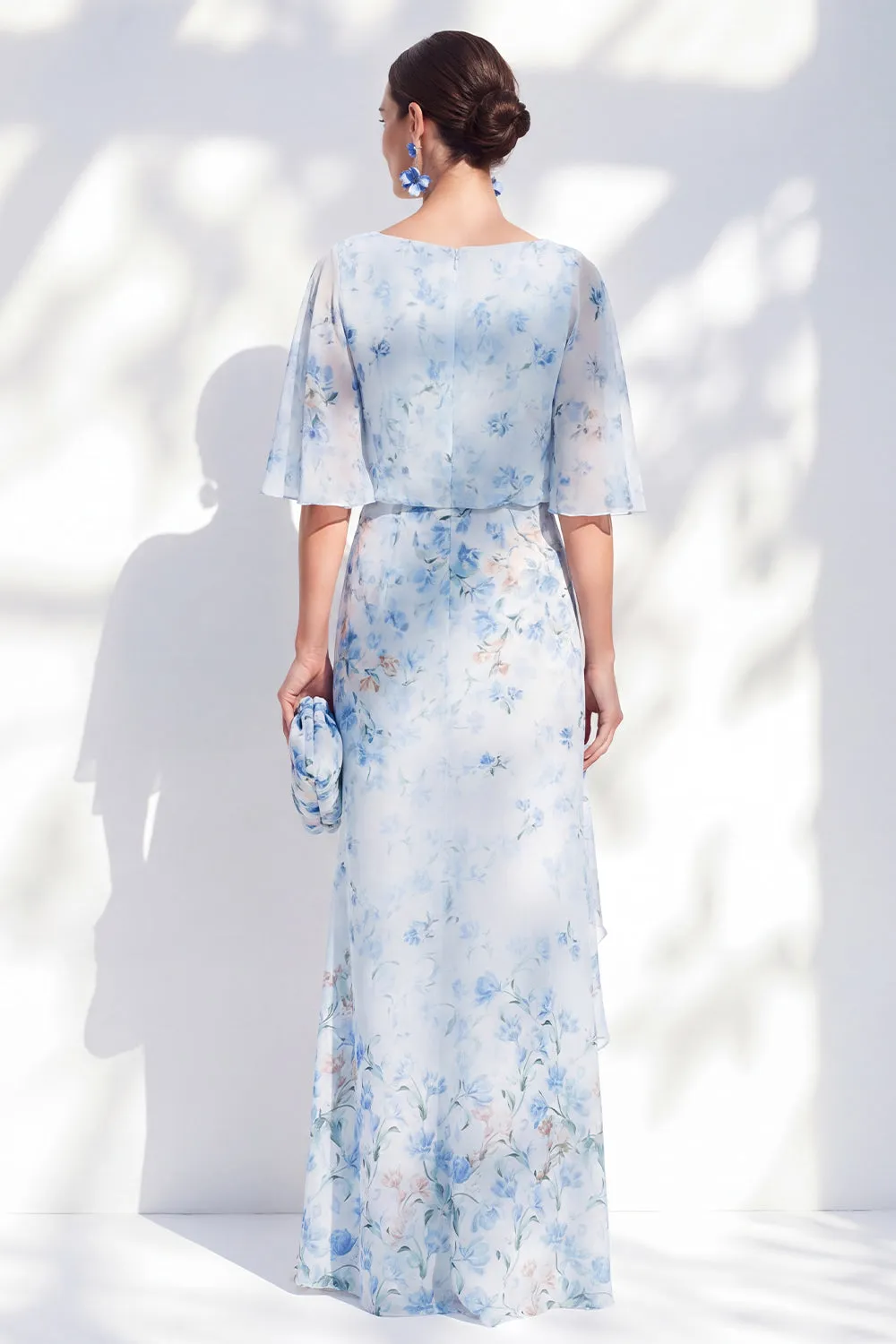 Blue Floral Bateau Neck Chiffon Sheath Long Mother Of the Bride Dress with Half Sleeves sold by Zapaka product image thumbnail 2