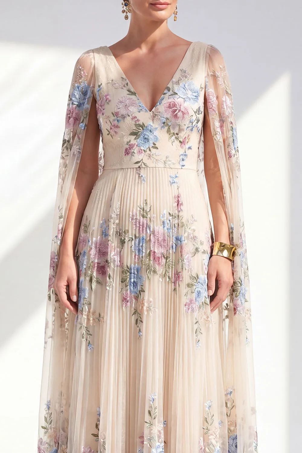 Champagne Floral A-Line Pleated V-Neck Long Mother Of the Bride Dress with Long Sleeves sold by Zapaka product image thumbnail 2