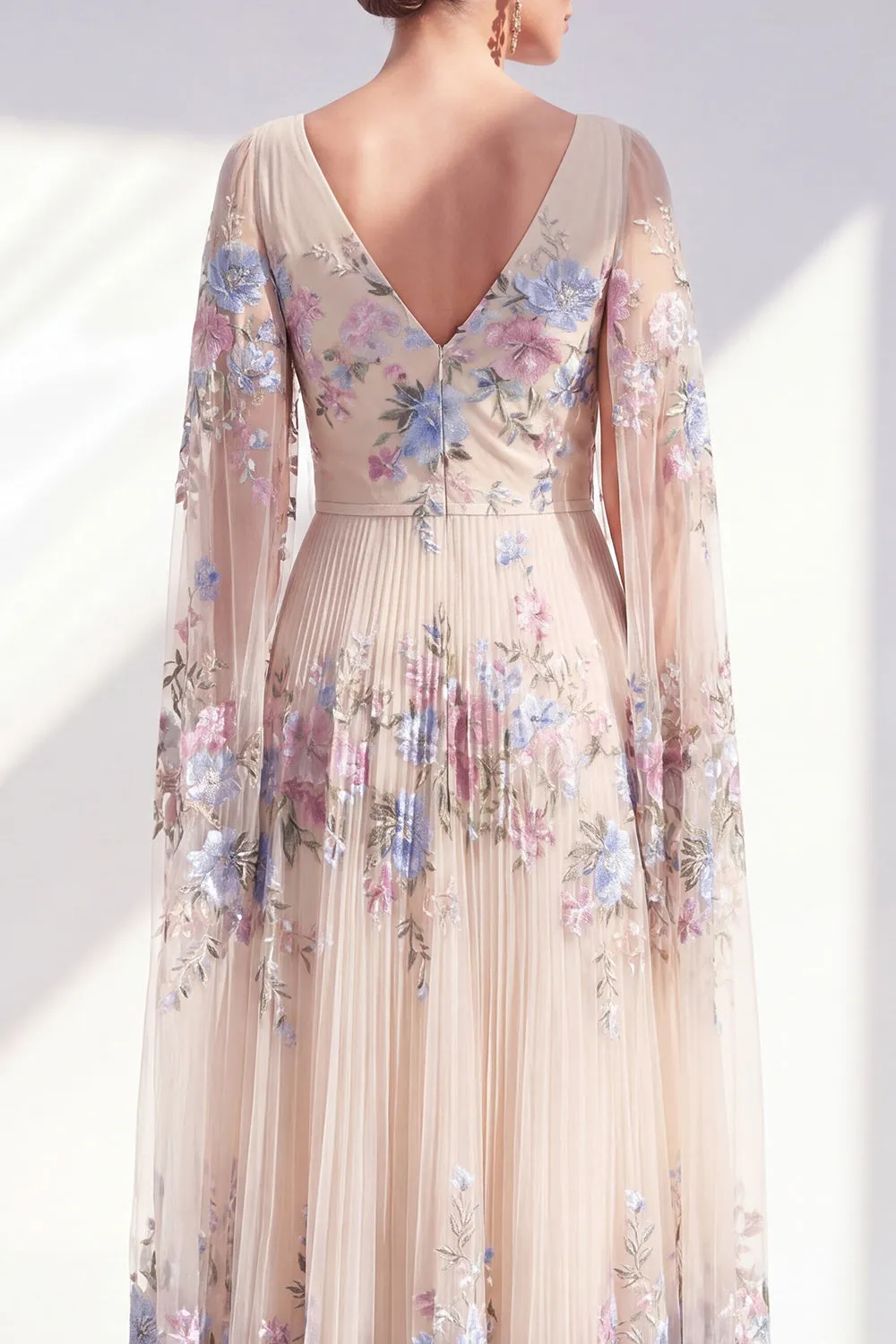 Champagne Floral A-Line Pleated V-Neck Long Mother Of the Bride Dress with Long Sleeves sold by Zapaka product image thumbnail 3