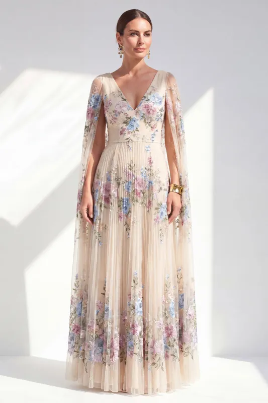 Champagne Floral A-Line Pleated V-Neck Long Mother Of the Bride Dress with Long Sleeves made by Zapaka