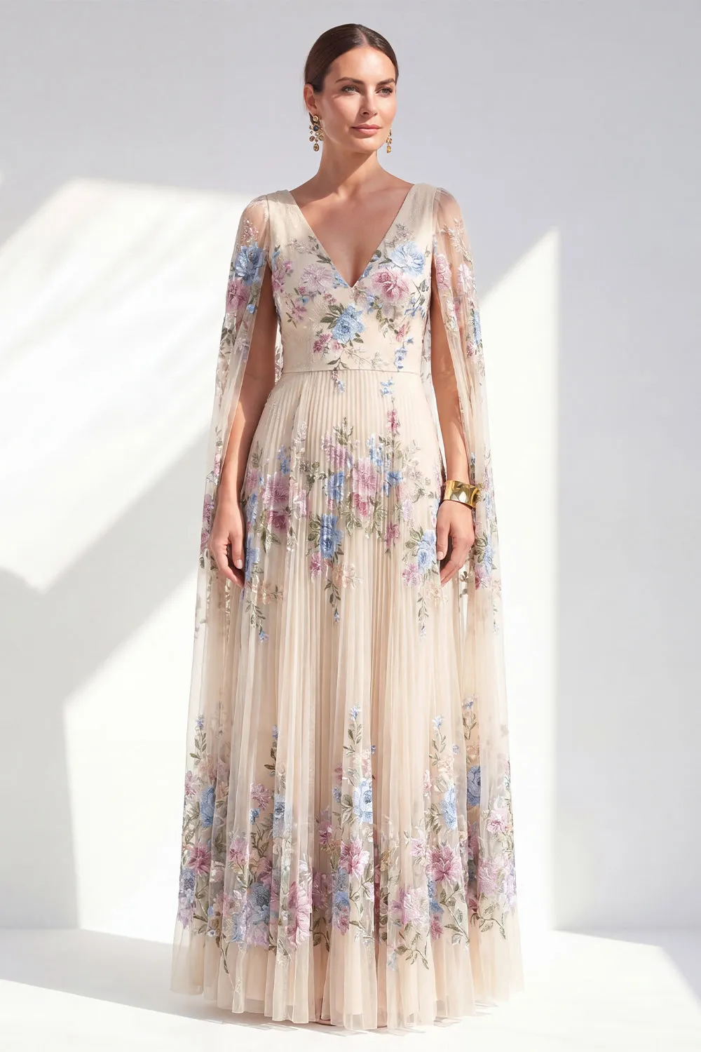 Champagne Floral A-Line Pleated V-Neck Long Mother Of the Bride Dress with Long Sleeves sold by Zapaka
