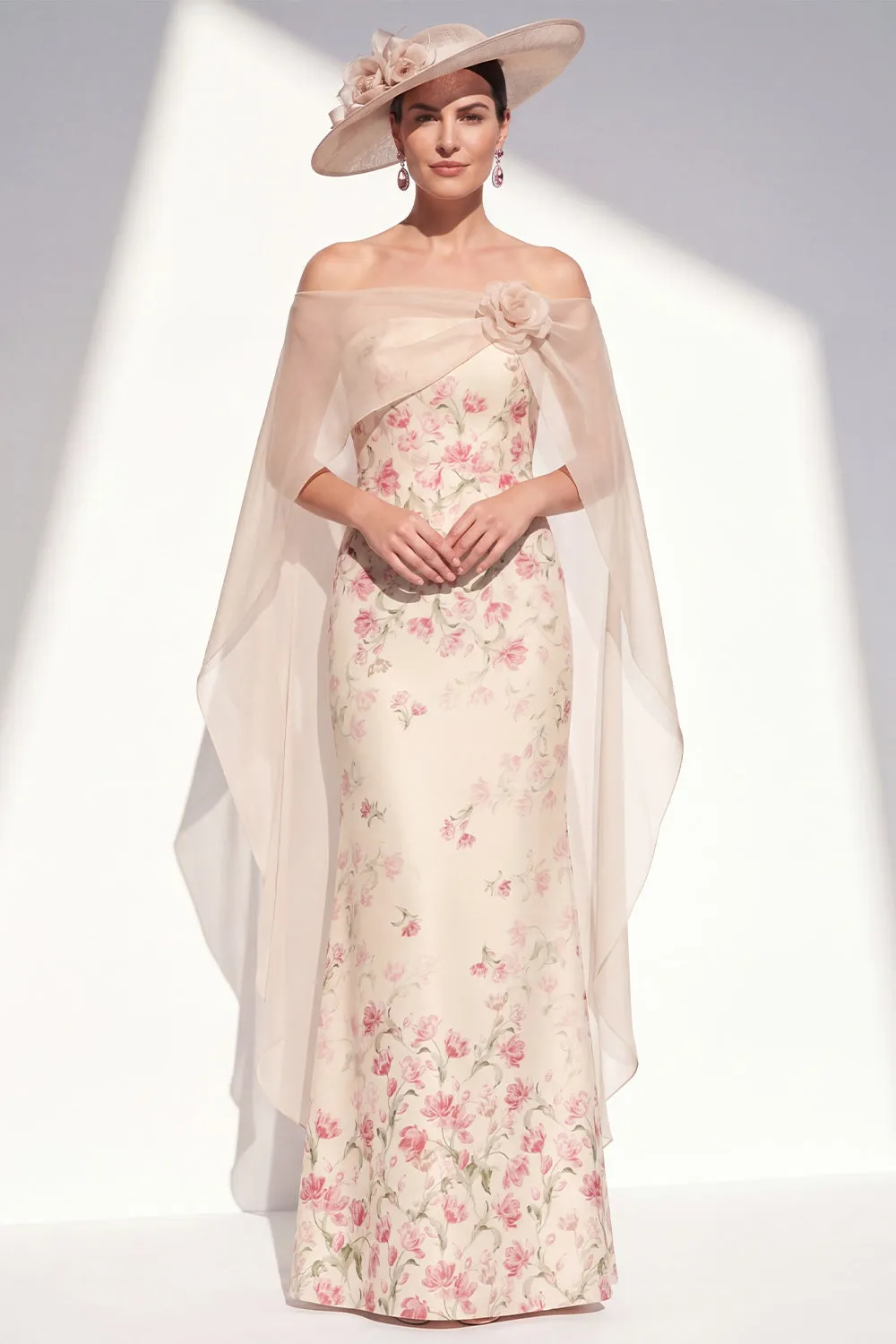 Apricot Strapless Floral Mermaid Long Mother Of the Bride Dress with Cape sold by Zapaka product image thumbnail 3