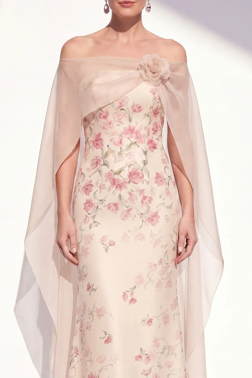 Apricot Strapless Floral Mermaid Long Mother Of the Bride Dress with Cape sold by Zapaka product image thumbnail 4