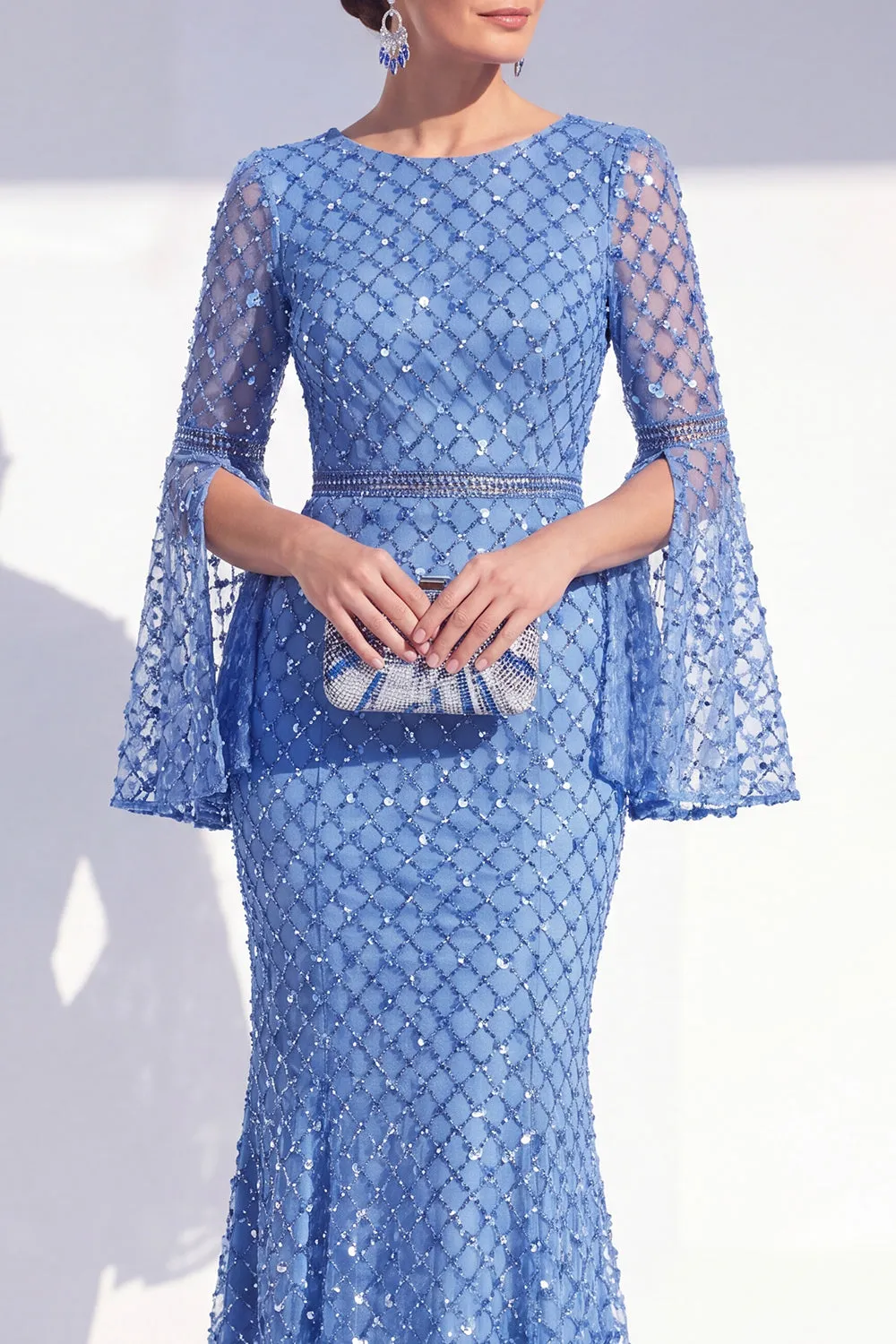 Mermaid Blue Round Neck Beaded Long Mother Of the Bride Dress with Long Sleeves sold by Zapaka product image thumbnail 3