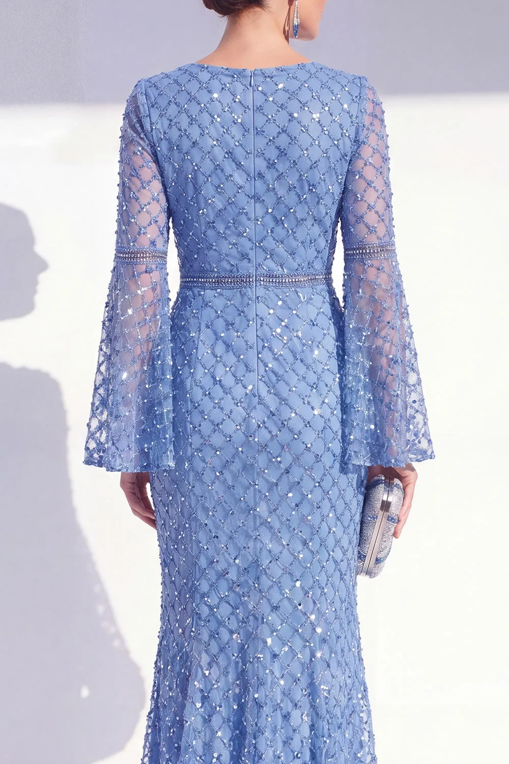 Mermaid Blue Round Neck Beaded Long Mother Of the Bride Dress with Long Sleeves sold by Zapaka product image thumbnail 4