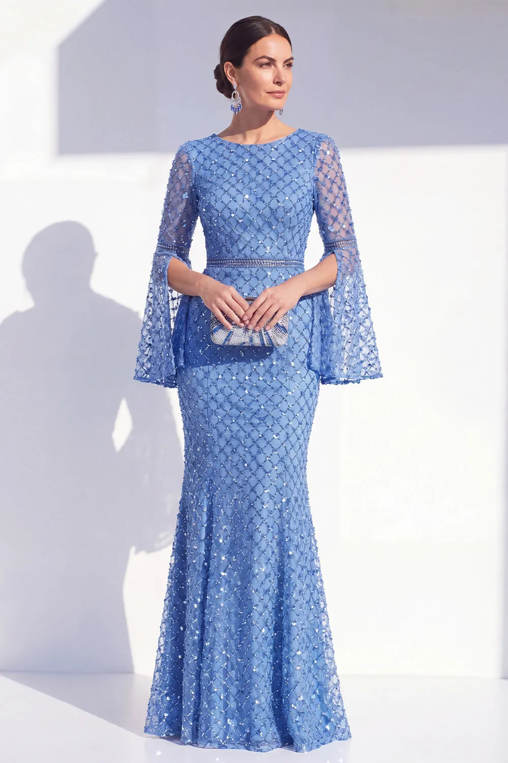 Mermaid Blue Round Neck Beaded Long Mother Of the Bride Dress with Long Sleeves sold by Zapaka