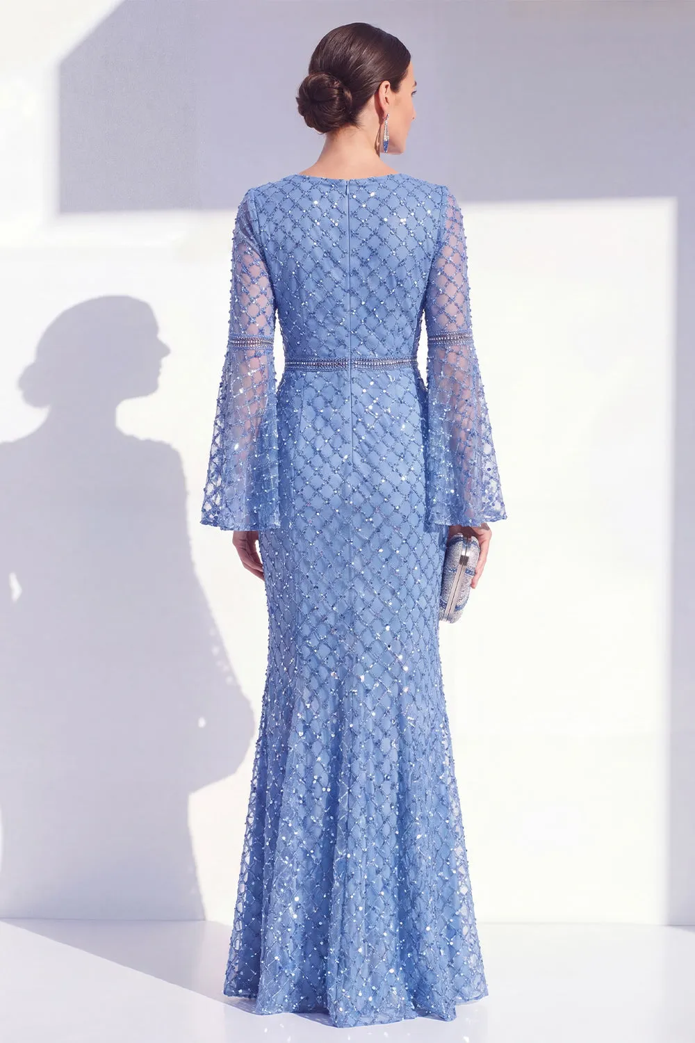 Mermaid Blue Round Neck Beaded Long Mother Of the Bride Dress with Long Sleeves sold by Zapaka product image thumbnail 2