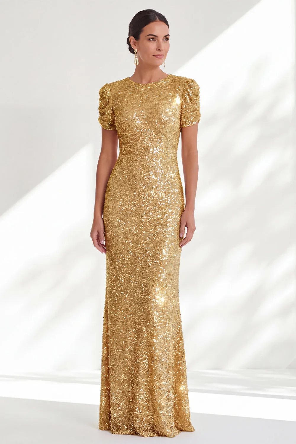 Sparkly Mermaid Golden Round Neck Sequins Long Mother Of the Bride Dress sold by Zapaka