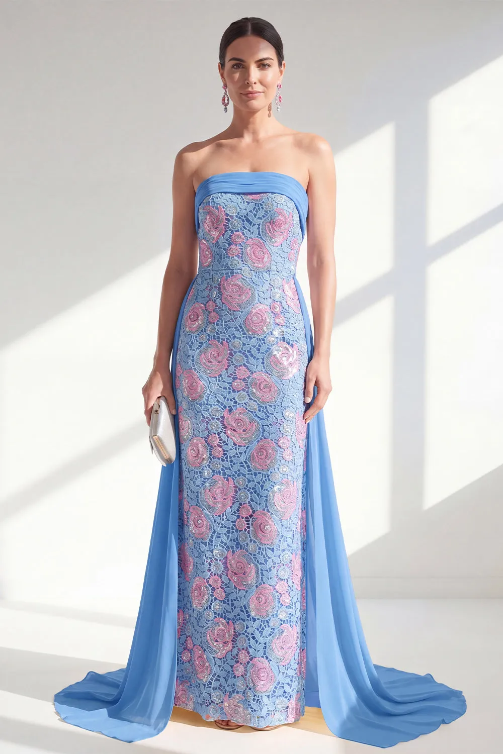 Sparkly Mermaid Blue Strapless Sequins Long Mother Of the Bride Dress with Cape sold by Zapaka