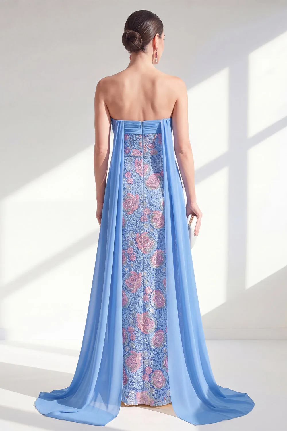 Sparkly Mermaid Blue Strapless Sequins Long Mother Of the Bride Dress with Cape sold by Zapaka product image thumbnail 2
