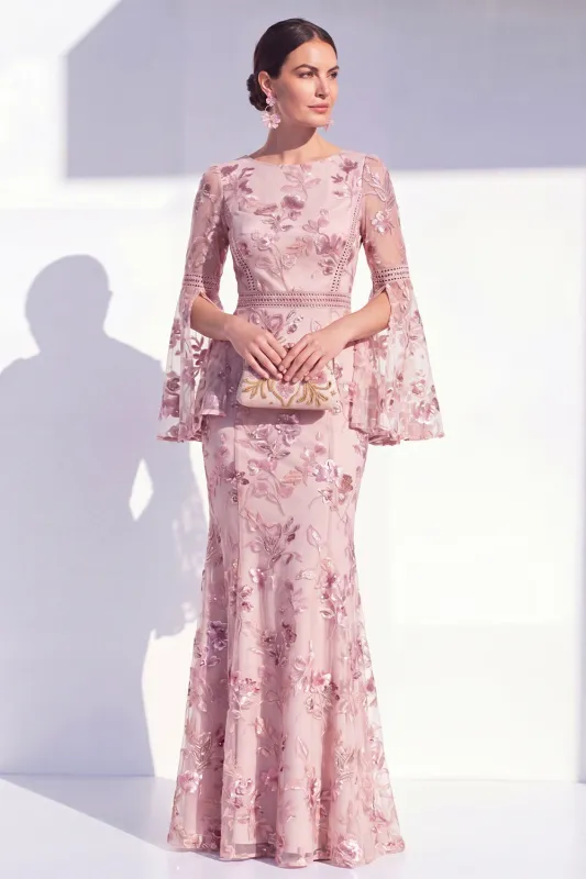 Blush Mermaid Round Neck Floral Long Mother Of the Bride Dress with Long Sleeves made by Zapaka