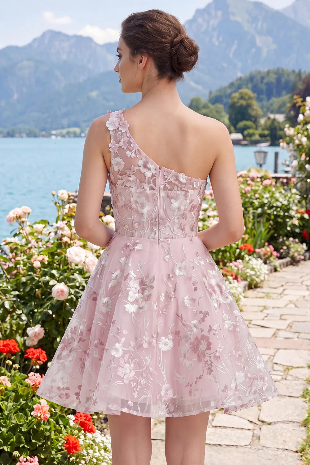 One Shoulder Pink Corset A-Line Floral Homecoming Dress sold by Zapaka product image thumbnail 4