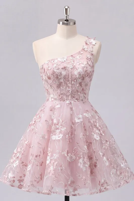 One Shoulder Pink Corset A-Line Floral Homecoming Dress made by Zapaka