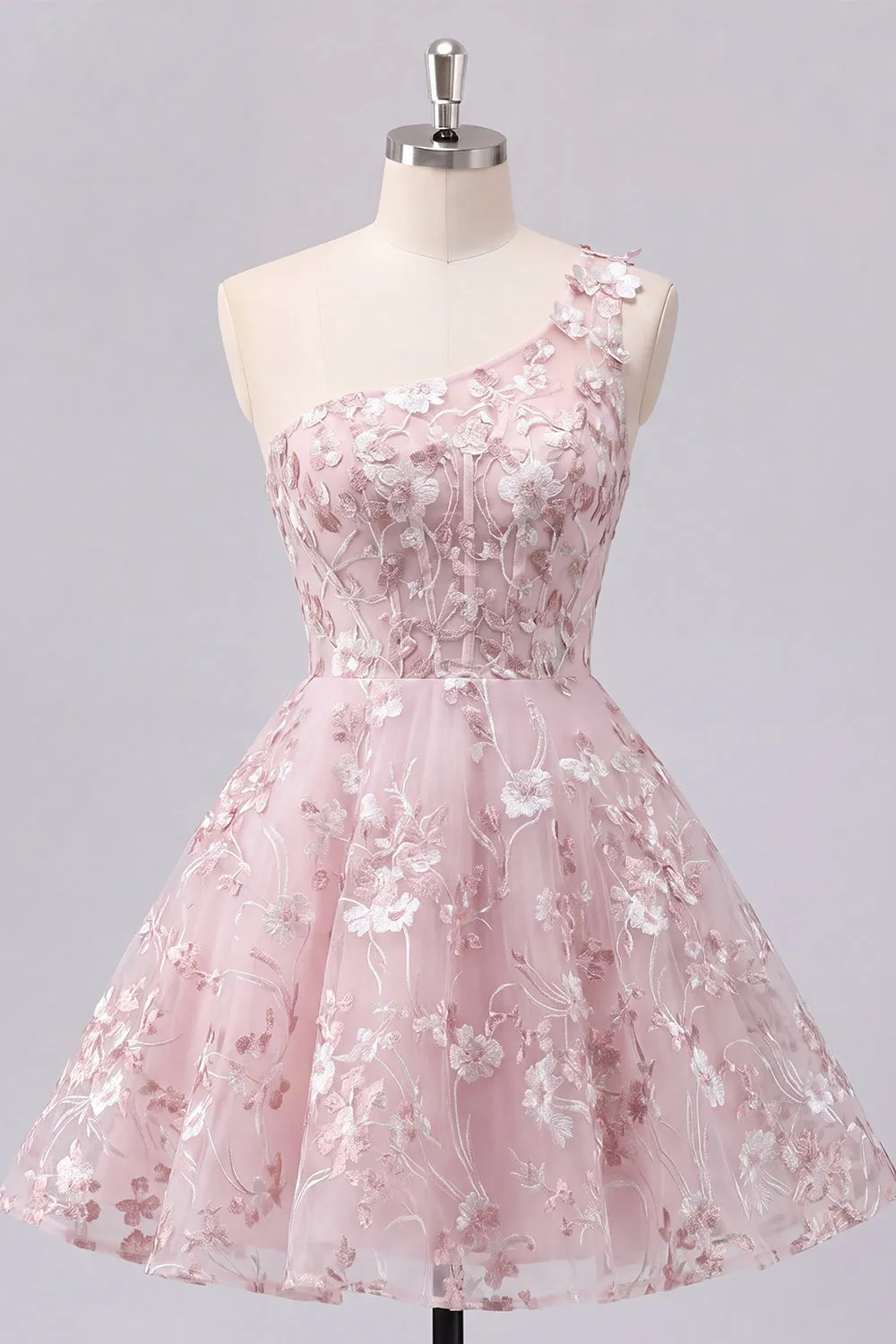 One Shoulder Pink Corset A-Line Floral Homecoming Dress sold by Zapaka