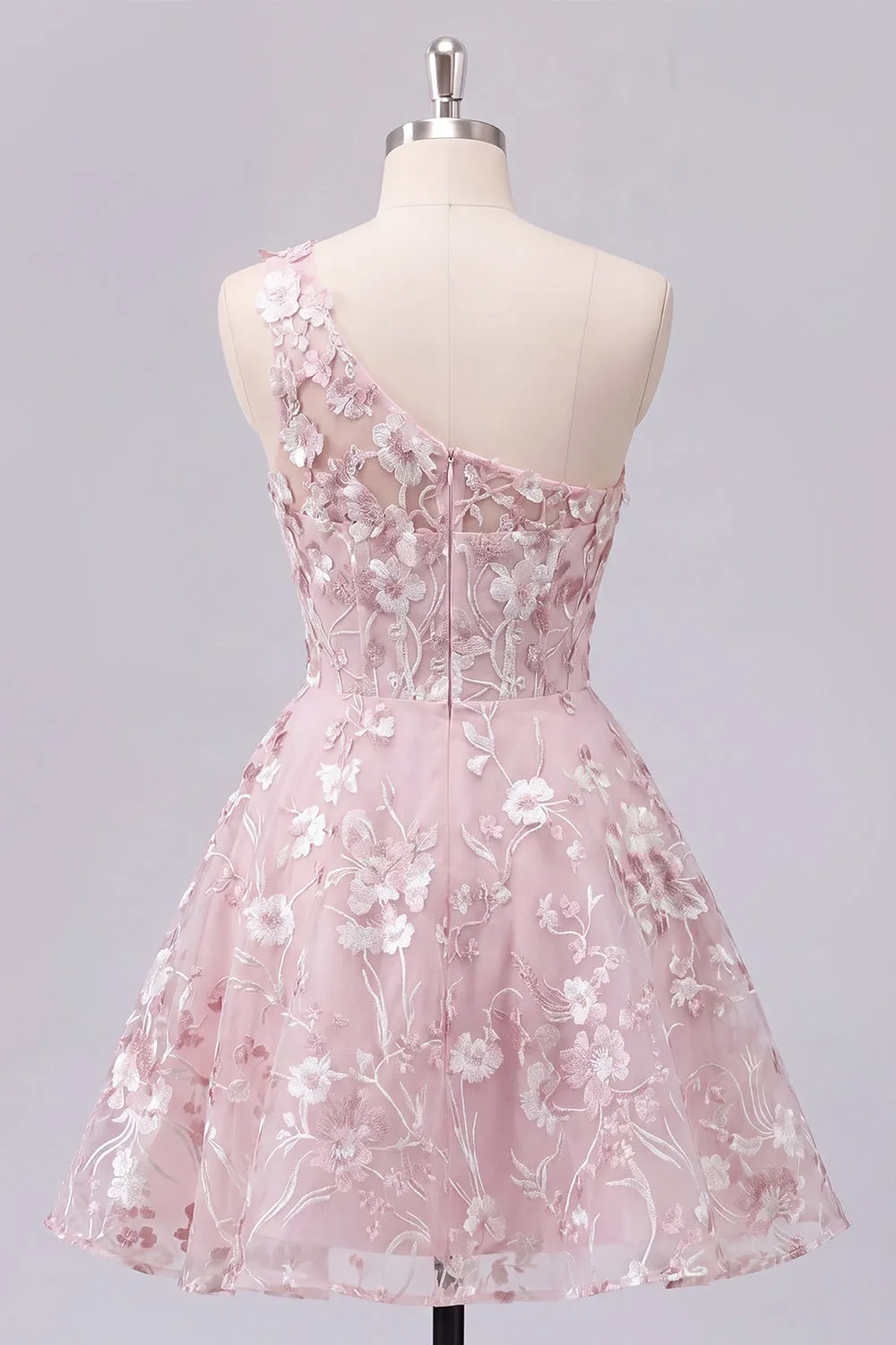One Shoulder Pink Corset A-Line Floral Homecoming Dress sold by Zapaka product image thumbnail 2