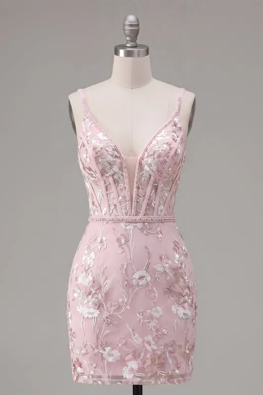 Pink Corset Bodycon Spaghetti Straps Floral Homecoming Dress made by Zapaka