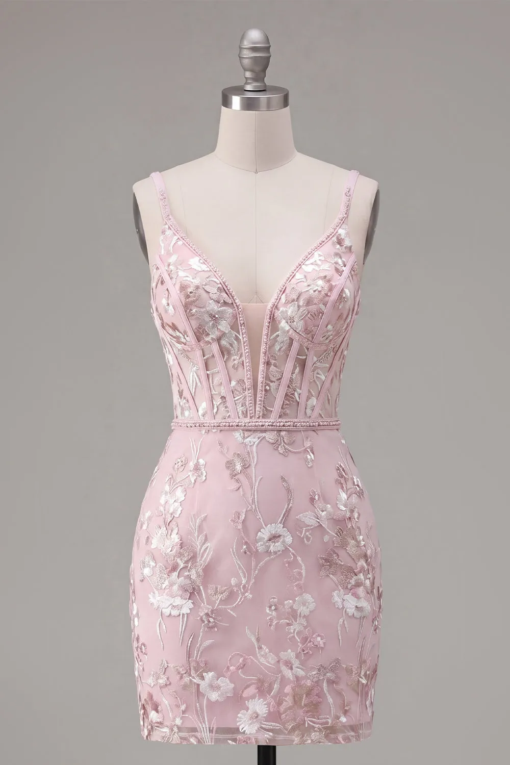 Pink Corset Bodycon Spaghetti Straps Floral Homecoming Dress sold by Zapaka
