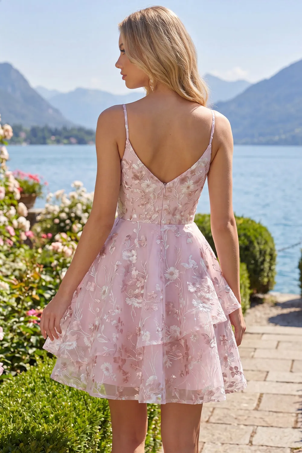 A-Line Pink Corset Spaghetti Straps Floral Homecoming Dress sold by Zapaka product image thumbnail 4
