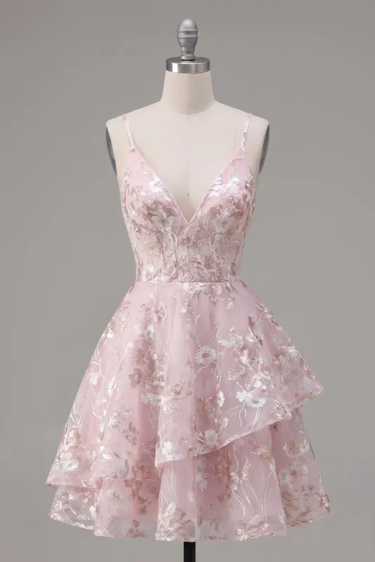 A-Line Pink Corset Spaghetti Straps Floral Homecoming Dress made by Zapaka