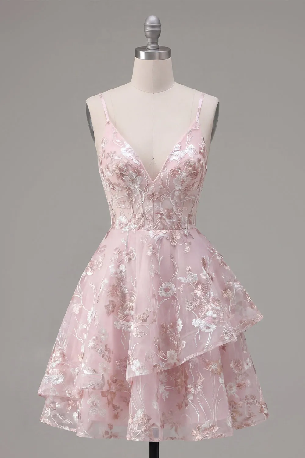 A-Line Pink Corset Spaghetti Straps Floral Homecoming Dress sold by Zapaka