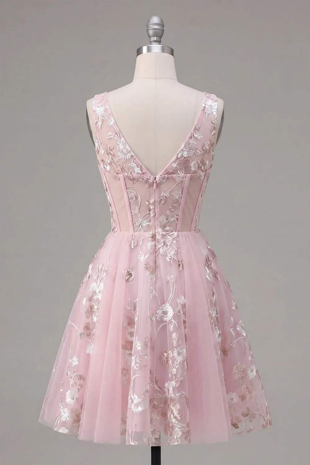 A-Line V-Neck Pink Corset Floral Homecoming Dress sold by Zapaka product image thumbnail 2