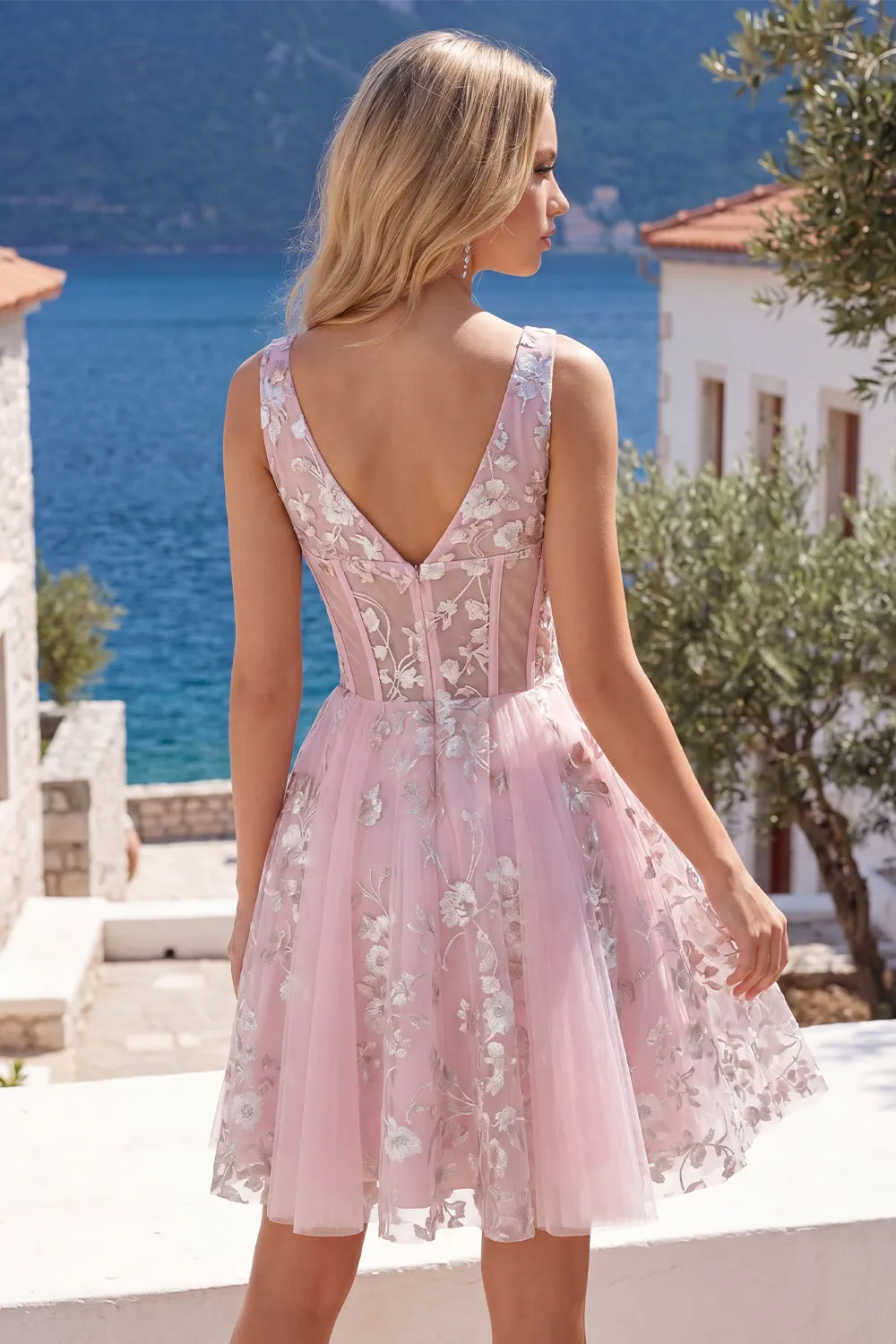 A-Line V-Neck Pink Corset Floral Homecoming Dress sold by Zapaka product image thumbnail 4