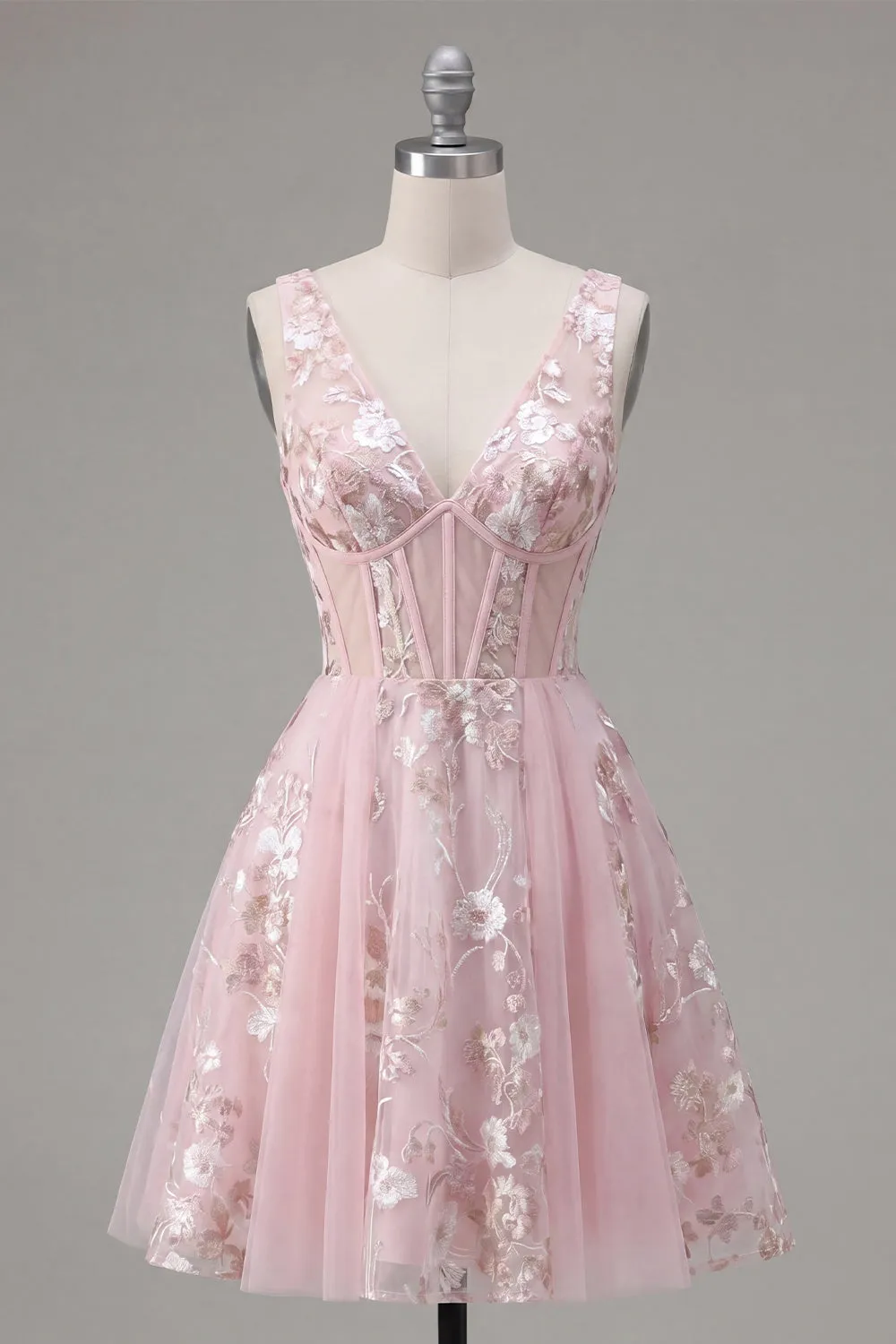 A-Line V-Neck Pink Corset Floral Homecoming Dress sold by Zapaka