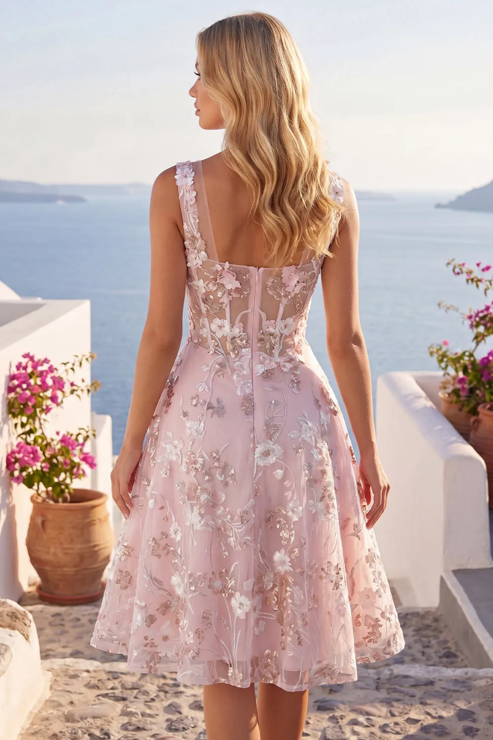 Pink A-Line Square Neck Sheer Corset Floral Short Homecoming Dress with Ruffles sold by Zapaka product image thumbnail 4
