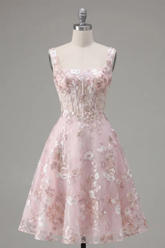 Pink A-Line Square Neck Sheer Corset Floral Short Homecoming Dress with Ruffles made by Zapaka