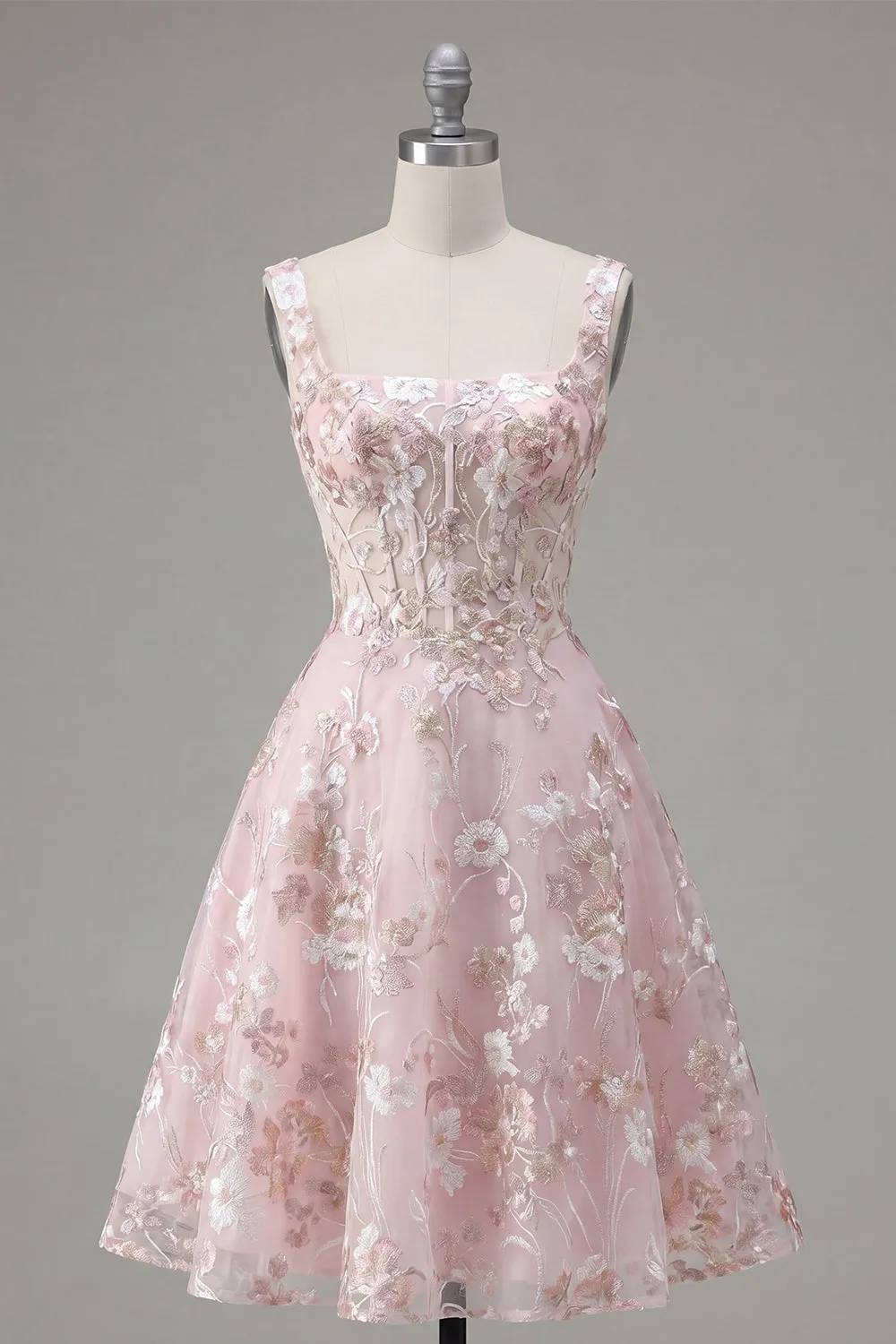 Pink A-Line Square Neck Sheer Corset Floral Short Homecoming Dress with Ruffles sold by Zapaka