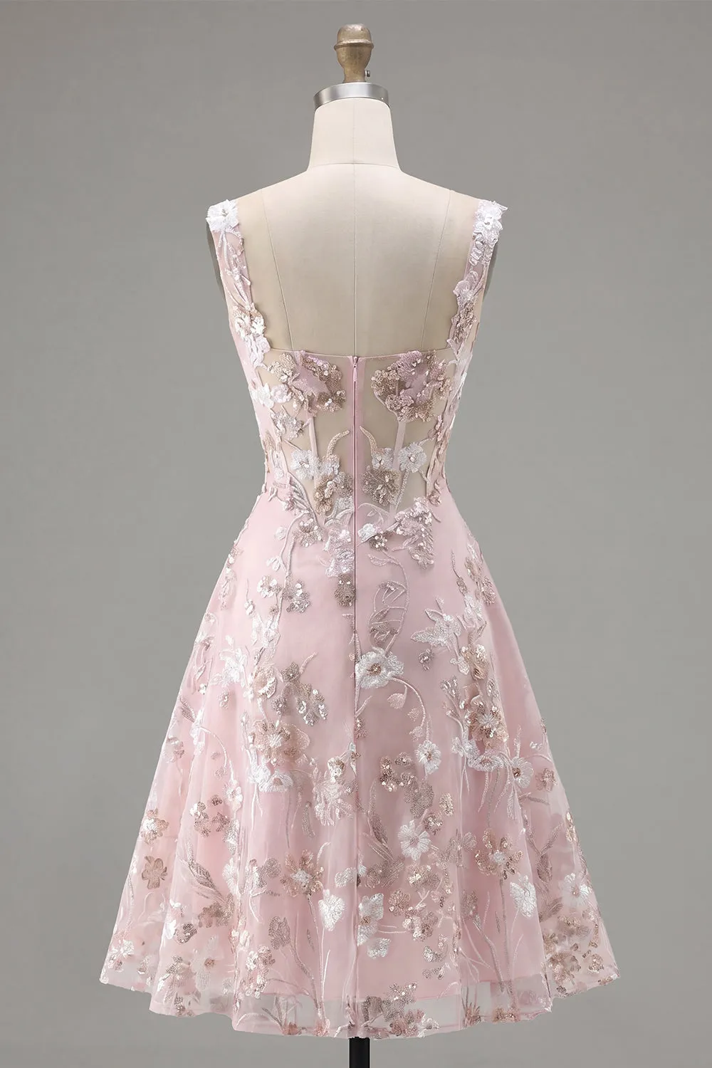 Pink A-Line Square Neck Sheer Corset Floral Short Homecoming Dress with Ruffles sold by Zapaka product image thumbnail 2