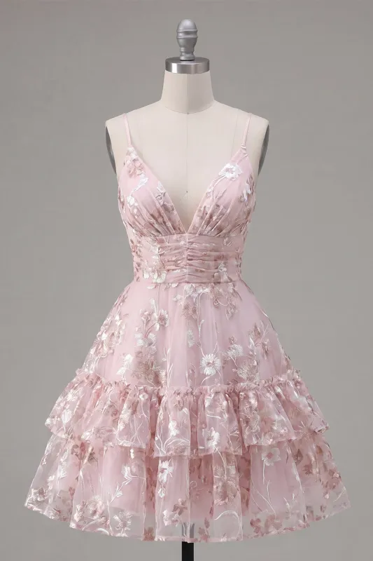 Pink A-Line Ruched Spaghetti Straps Floral Homecoming Dress made by Zapaka