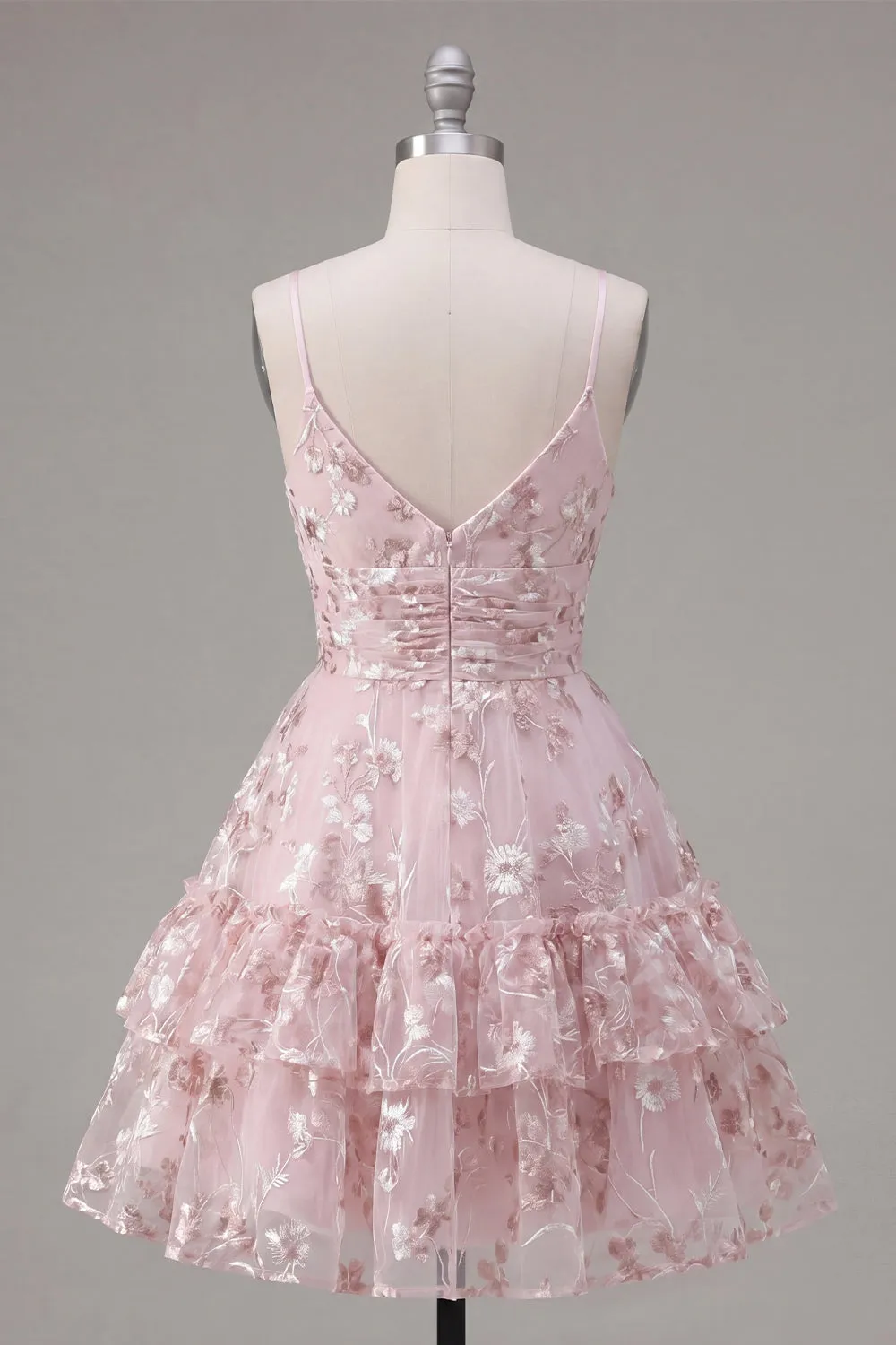 Pink A-Line Ruched Spaghetti Straps Floral Homecoming Dress sold by Zapaka product image thumbnail 2