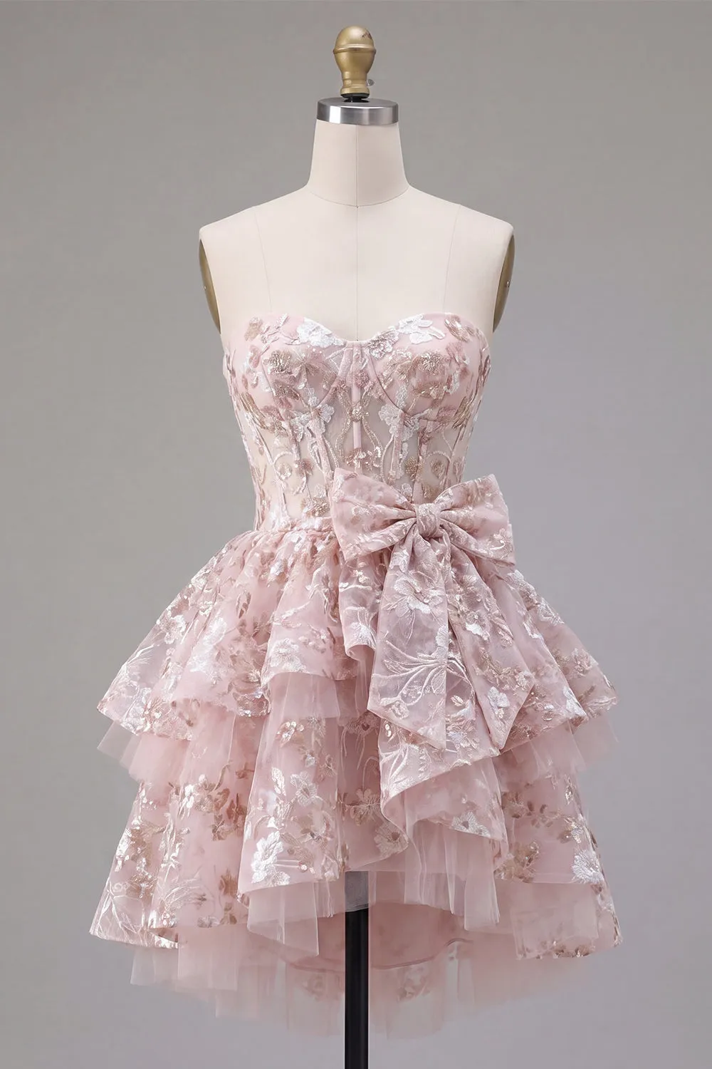 Pink A-Line Sweetheart Corset Floral Homecoming Dress with Bow sold by Zapaka