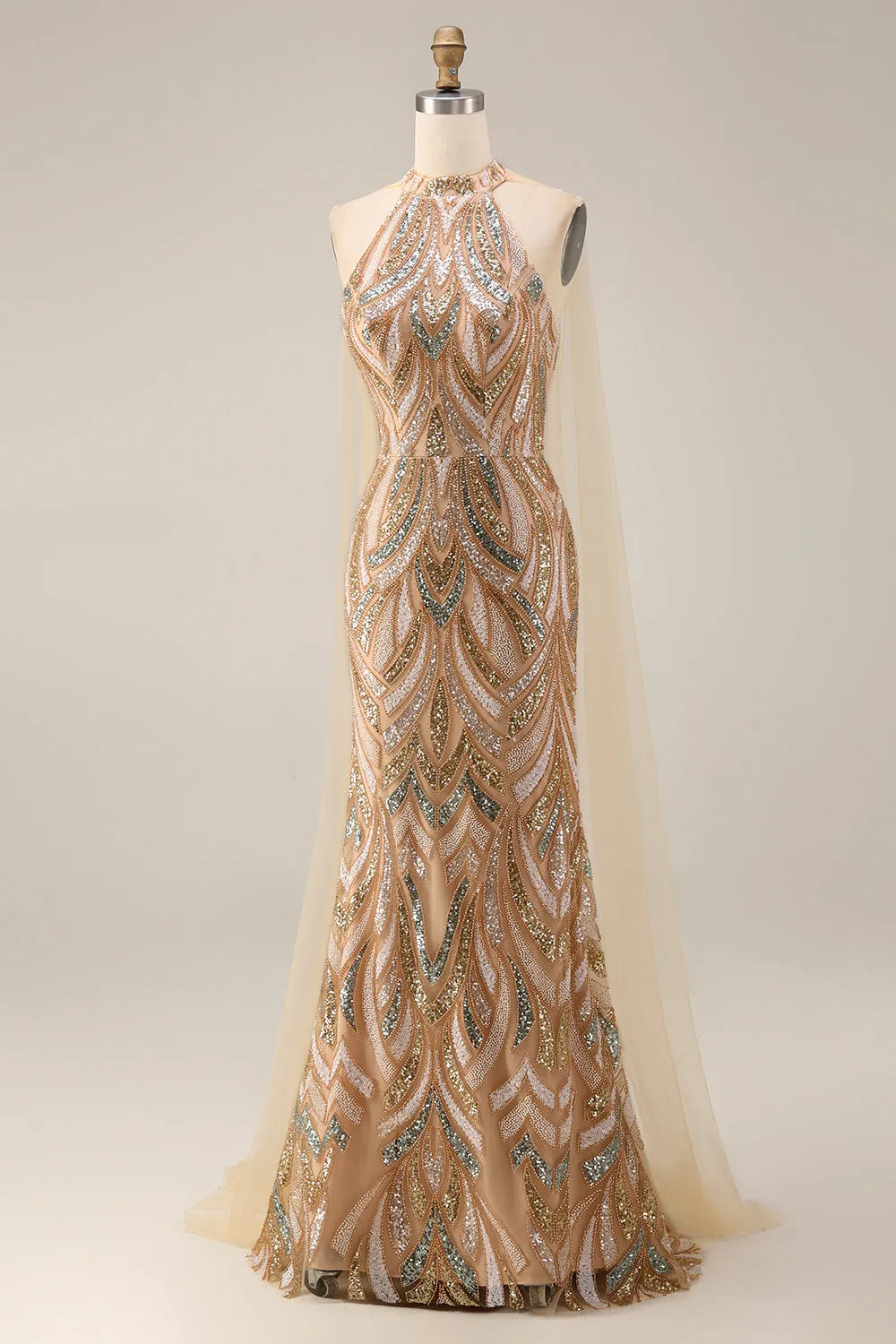 Sparkly Champagne Halter Mermaid Sequins Long Evening Dress sold by Zapaka product image thumbnail 3