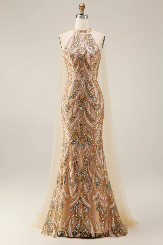 Sparkly Champagne Halter Mermaid Sequins Long Evening Dress made by Zapaka