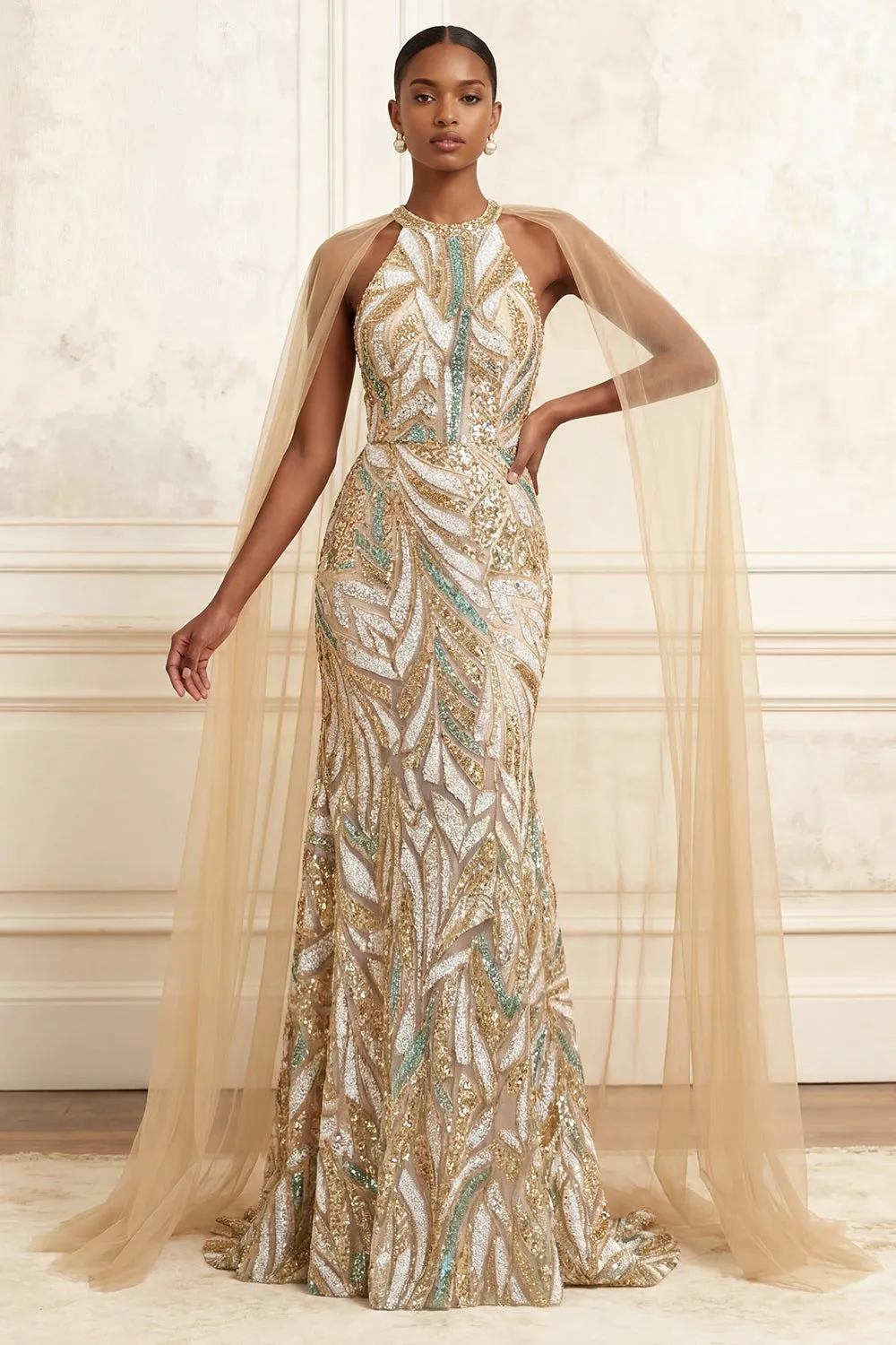 Sparkly Champagne Halter Mermaid Sequins Long Evening Dress sold by Zapaka product image thumbnail 4