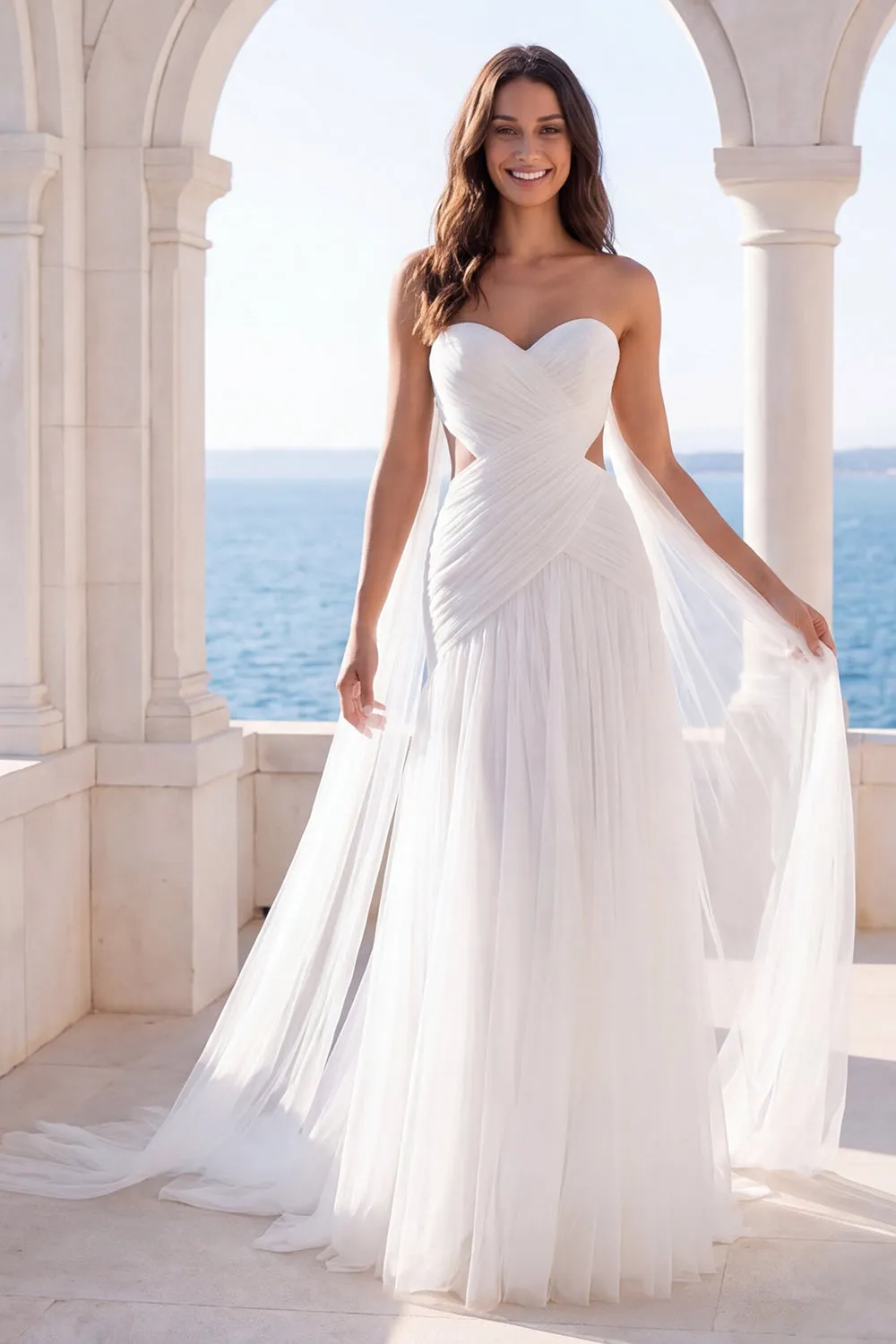 Sweetheart Cut Out Ivory A Line Sweep Train Beach Wedding Dress with Cape sold by Zapaka