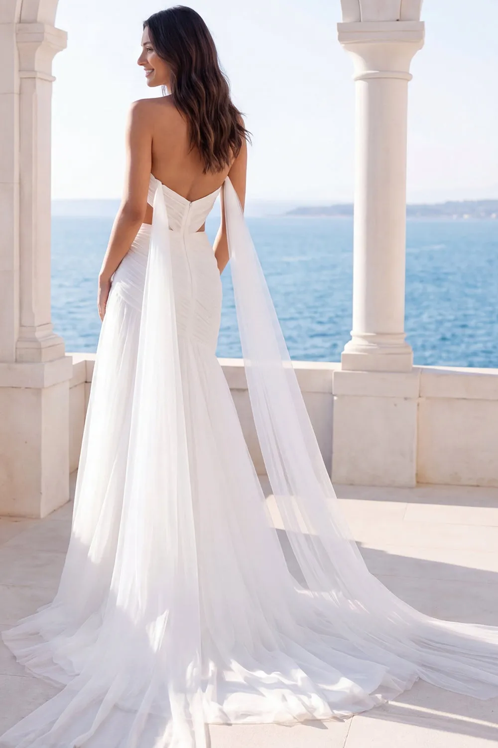 Sweetheart Cut Out Ivory A Line Sweep Train Beach Wedding Dress with Cape sold by Zapaka product image thumbnail 2