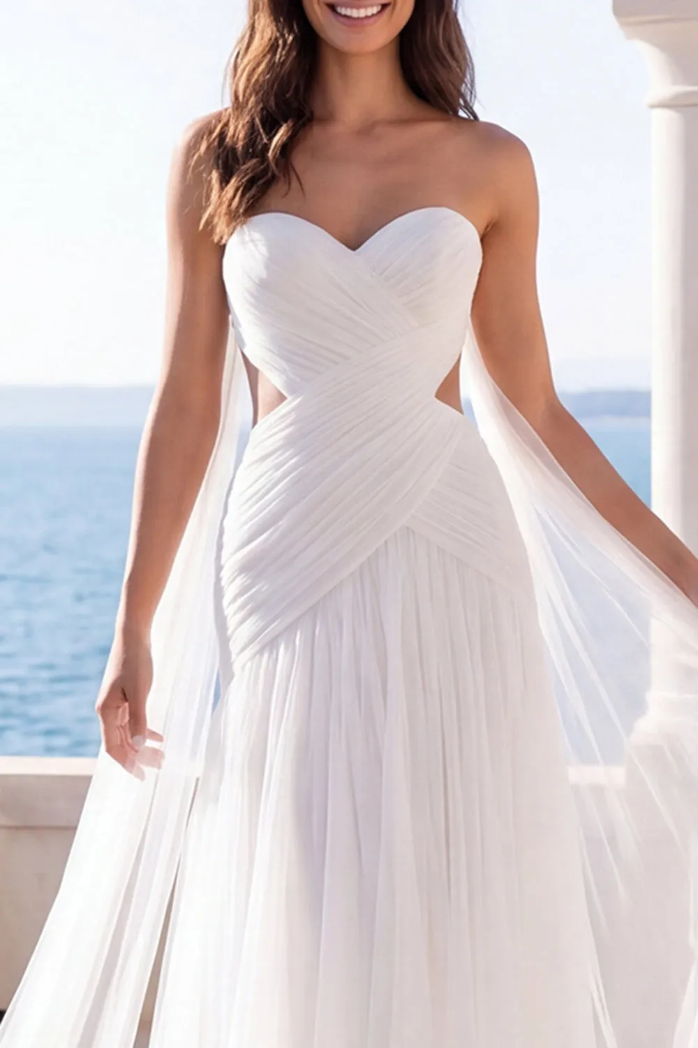 Sweetheart Cut Out Ivory A Line Sweep Train Beach Wedding Dress with Cape sold by Zapaka product image thumbnail 3