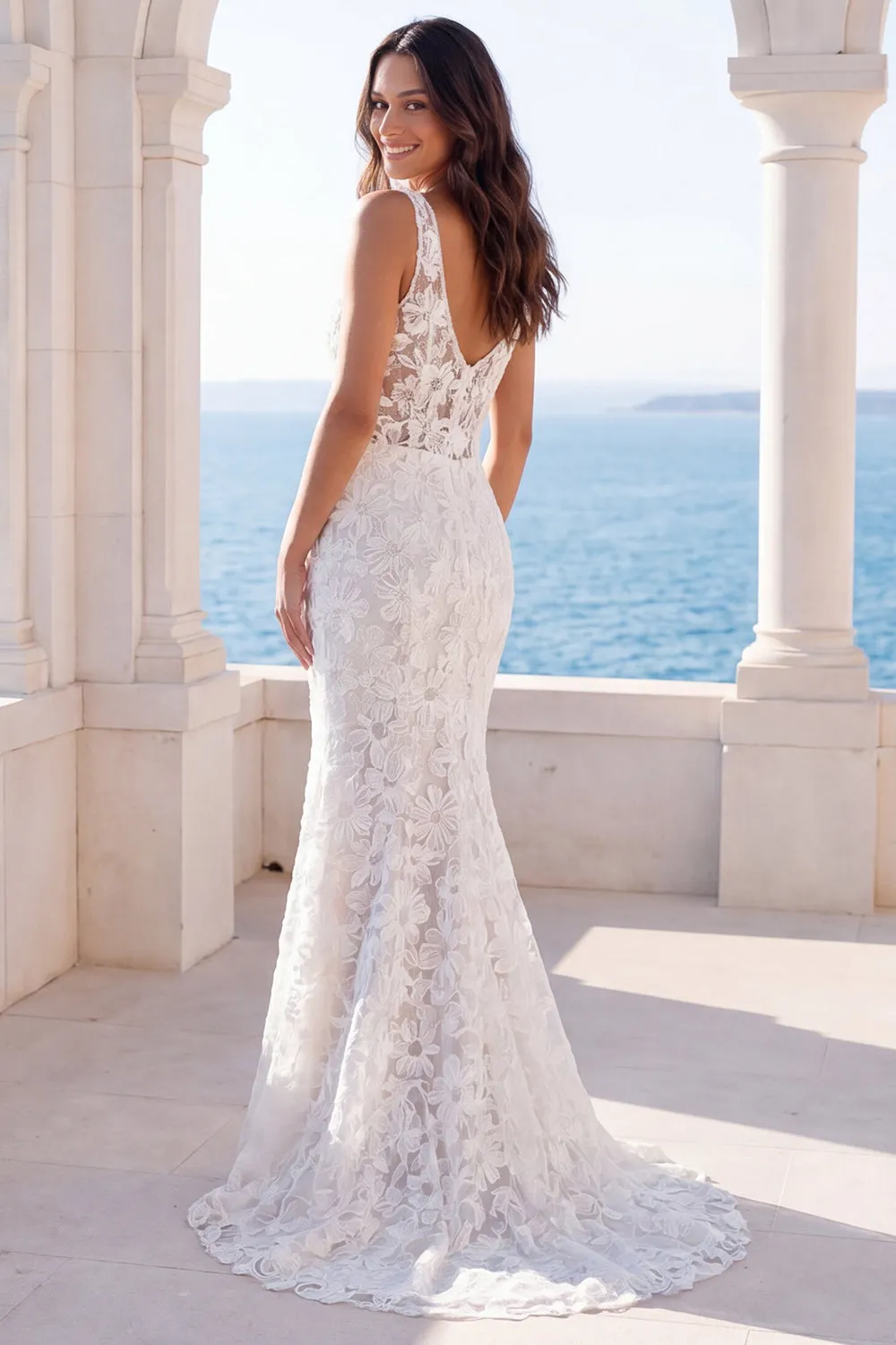 Mermaid Ivory V-Neck Floral Lace Sweep Train Boho Wedding Dress sold by Zapaka product image thumbnail 2