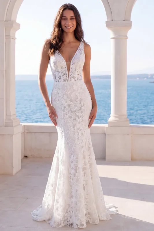 Mermaid Ivory V-Neck Floral Lace Sweep Train Boho Wedding Dress made by Zapaka