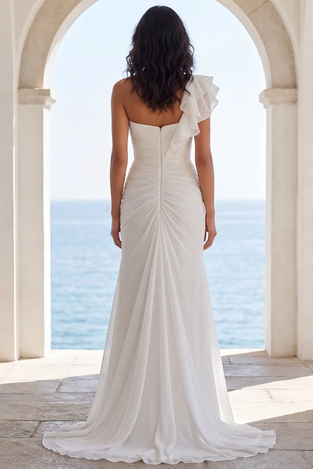 Ruched Ivory Mermaid Sweep Train Ruffled Beach Wedding Dress with Slit sold by Zapaka product image thumbnail 2