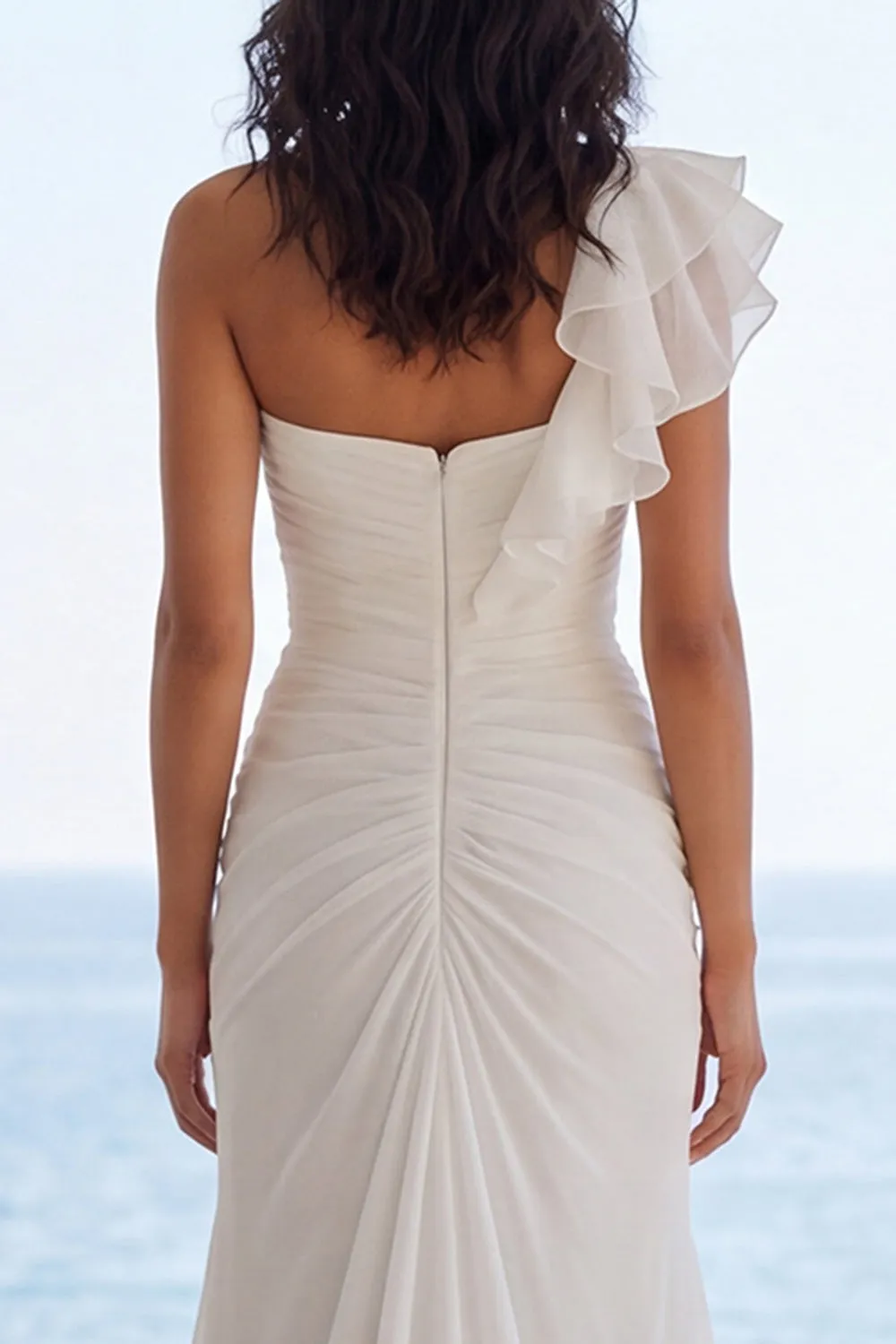 Ruched Ivory Mermaid Sweep Train Ruffled Beach Wedding Dress with Slit sold by Zapaka product image thumbnail 4