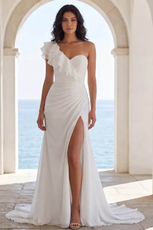 Ruched Ivory Mermaid Sweep Train Ruffled Beach Wedding Dress with Slit made by Zapaka