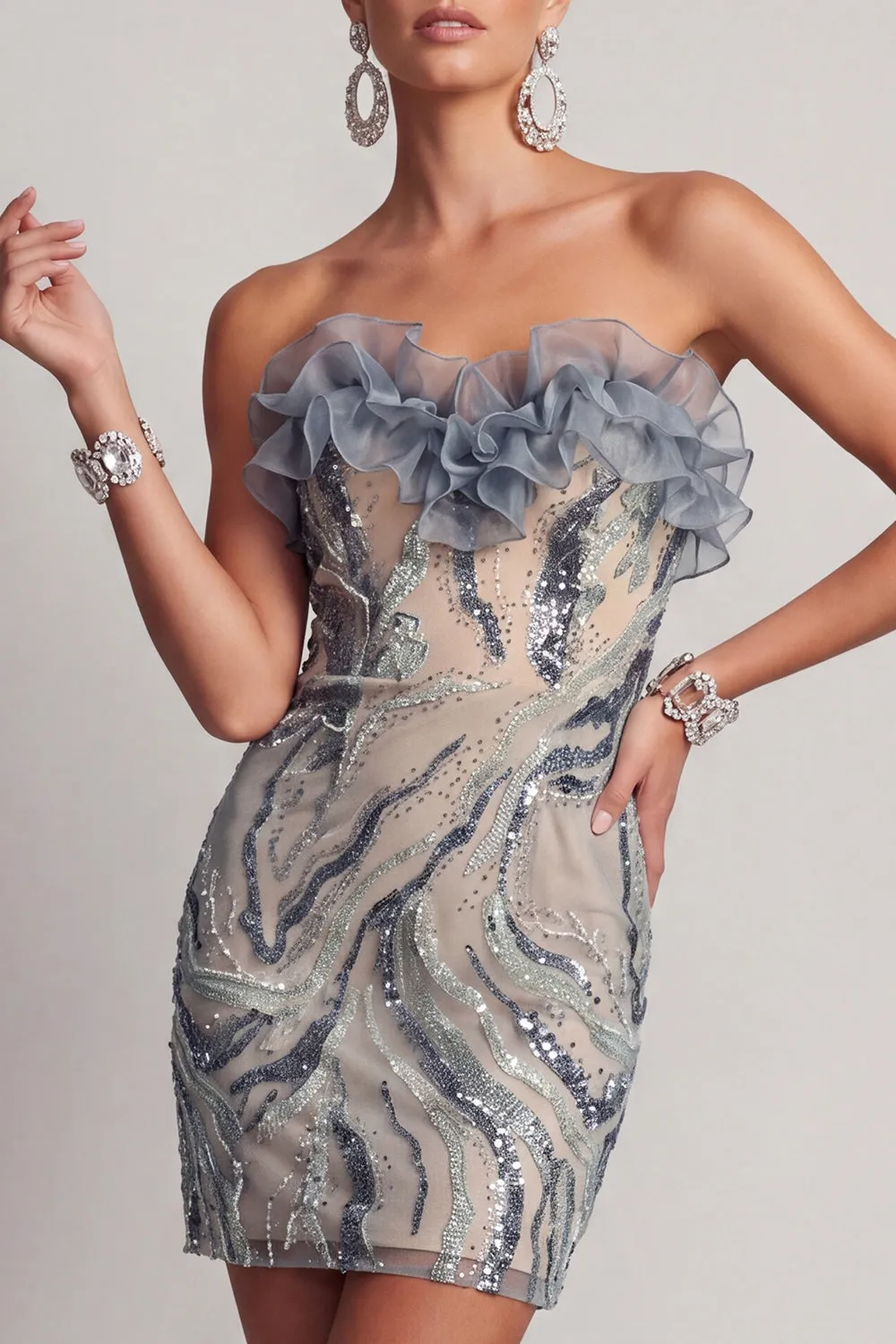 Sparkly Dusty Blue Strapless Beaded Tight Short Homecoming Dress with Ruffles sold by Zapaka product image thumbnail 3