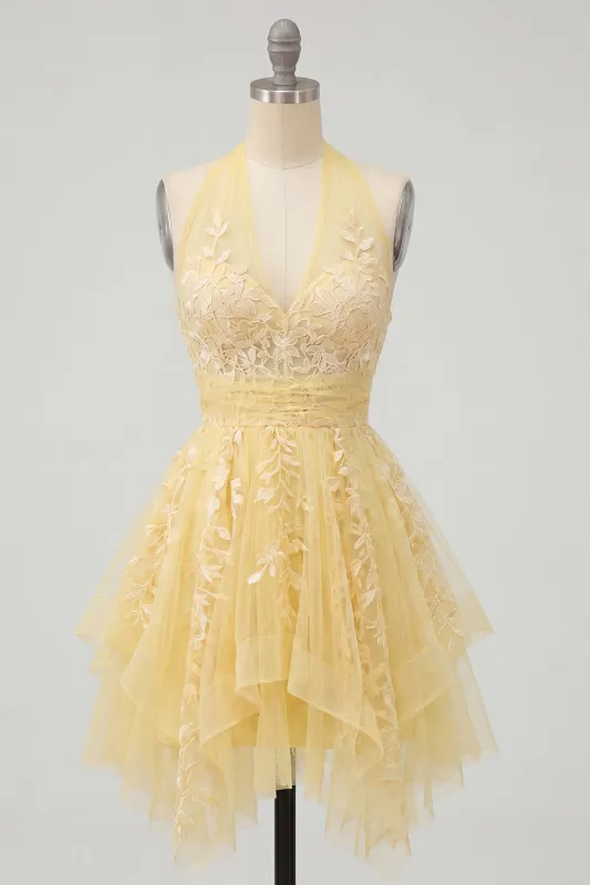 Butter Yellow A-Line Halter Neck Floral Homecoming Dress made by Zapaka