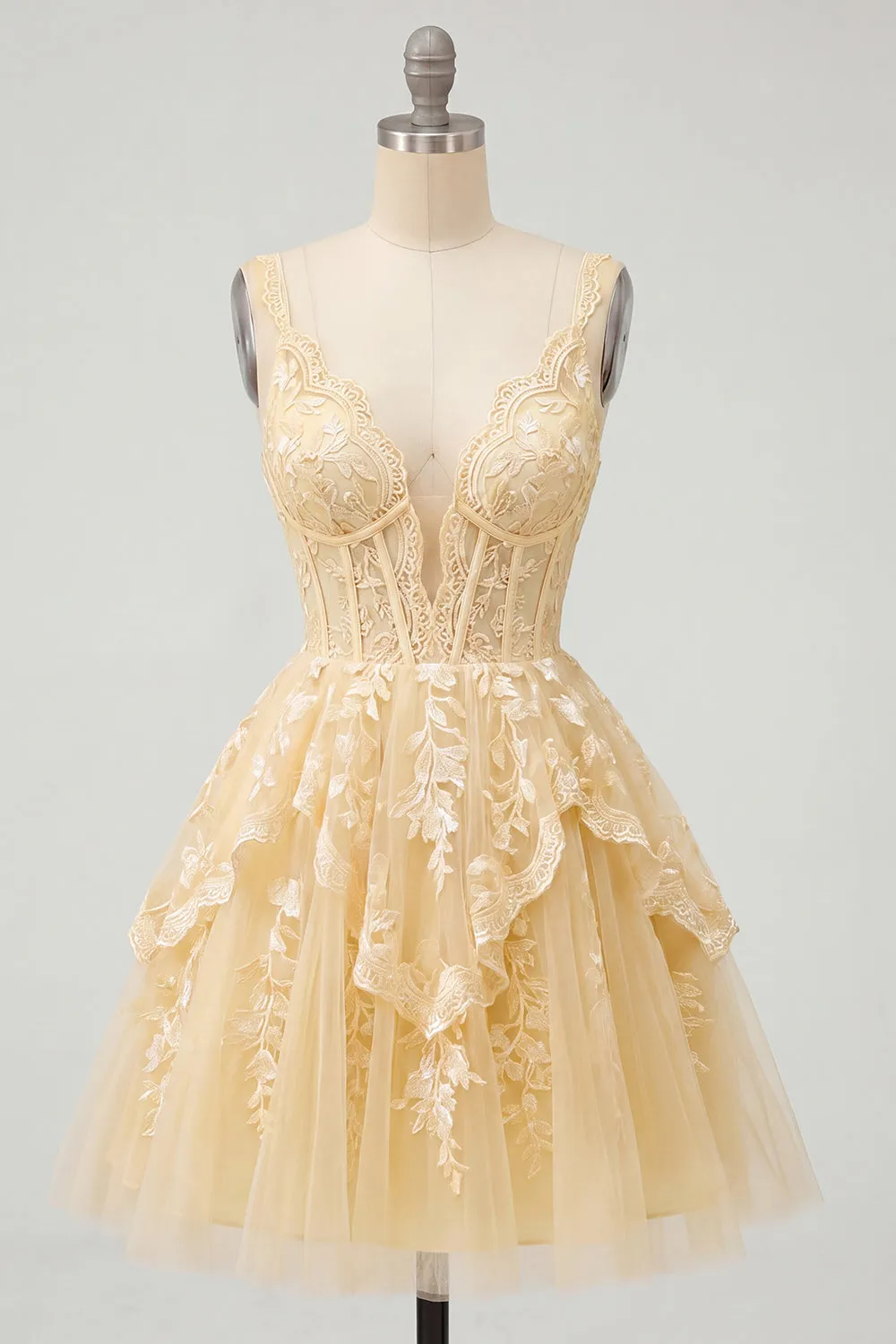 Butter Yellow V-Neck Corset A-Line Floral Homecoming Dress sold by Zapaka