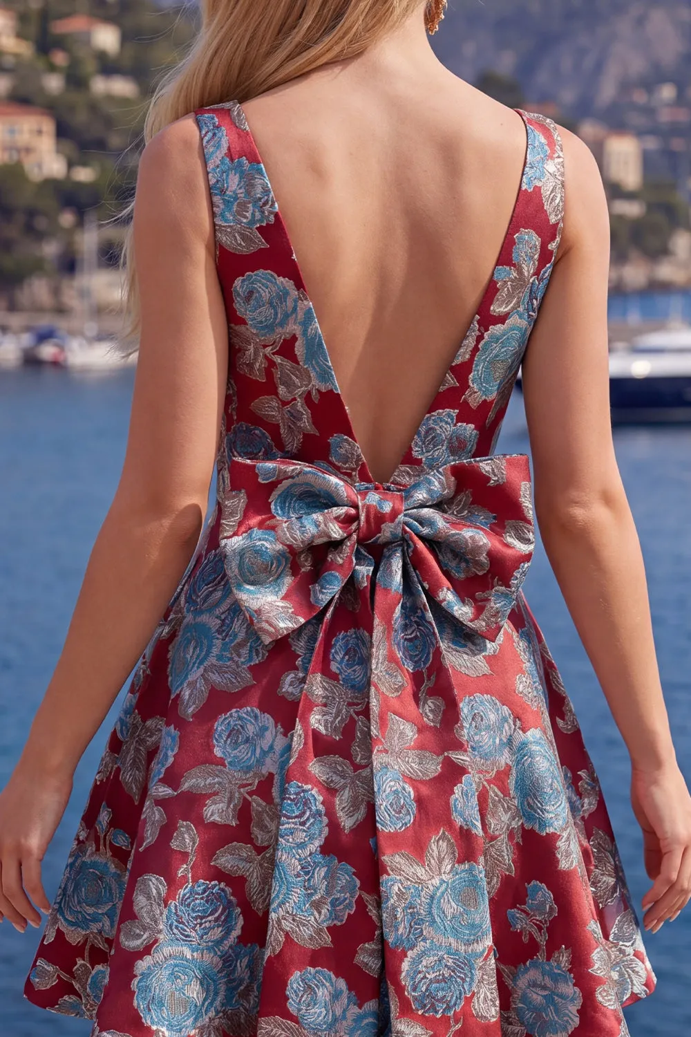 A-Line Red V-Neck Jacquard Floral Homecoming Dress with Bow sold by Zapaka product image thumbnail 4
