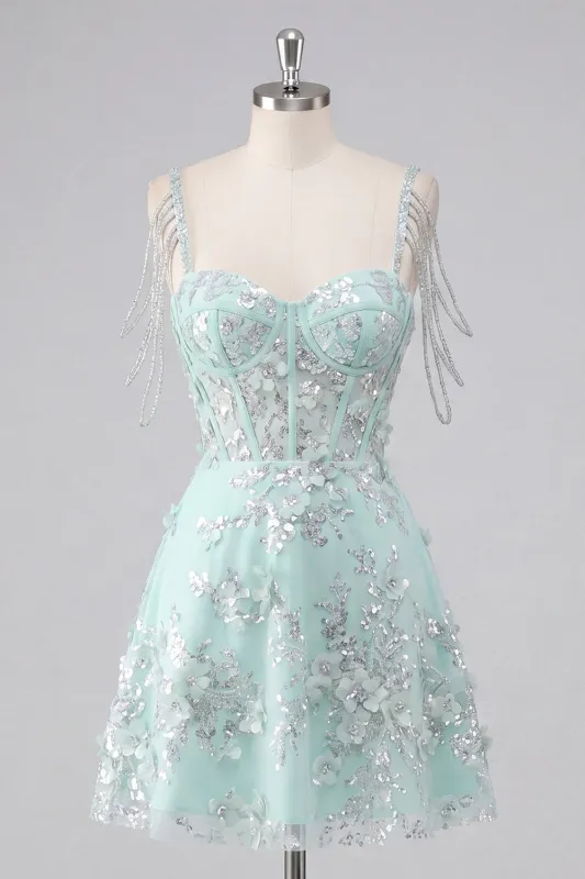 Off the Shoulder A-Line Corset Mint Floral Appliqued Homecoming Dress made by Zapaka